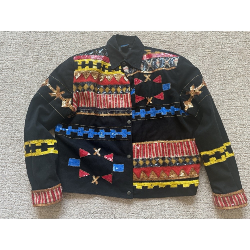Vtg Modi Denim Sequin Bomber Jacket Black Felt Geometric Patchwork Design 80s L